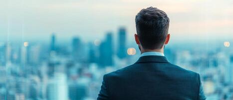 Man in suit gazes at city skyline from a high vantage point. Entrepreneurial mindset risk taking. photo