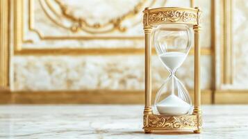 Elegant hourglass on marble floor with ornate golden background. photo