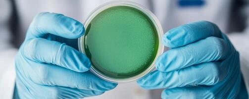 Scientist holding a petri dish with green culture in laboratory setting. photo
