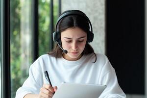 Young woman with headset taking notes in a modern workspace. photo