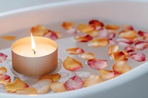 Relaxing bath with a candle and rose petals floating on water. photo