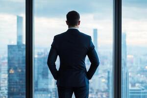 Businessman looking out over a city skyline from a high-rise window. photo
