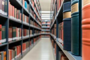 Library shelves filled with colorful books in a narrow aisle. photo