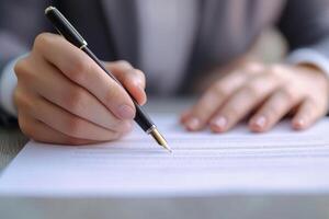 Person signing a document with a pen on a desk. photo
