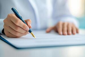 Person writing on a document with a pen in a professional setting. photo
