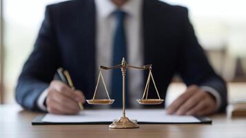 Professional evaluating legal documents with scales of justice nearby photo