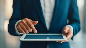 Businessman using tablet for digital interaction and technology engagement photo
