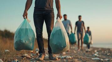 People collecting trash on a beach during cleanup activity. photo