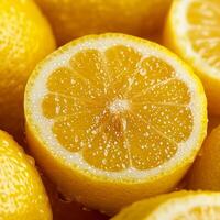 Freshly sliced lemon with bright yellow texture and bubbles. photo