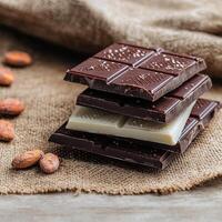 Stacked chocolate bars with cocoa beans on a rustic background. photo