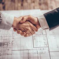 Handshake over blueprints representing partnership and collaboration. Inclusive business social enterprise. photo