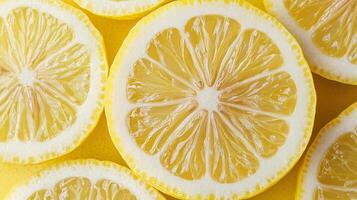 Fresh lemon slices on a bright yellow background. photo