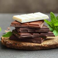 Assorted chocolate bars on a stone surface with mint leaves. photo