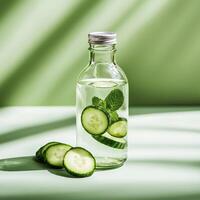 Cucumber slices in a glass bottle with refreshing water. photo