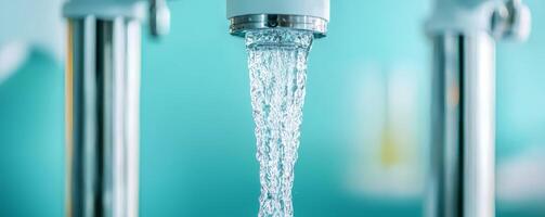 Water flowing from a tap against a soft blue background. photo