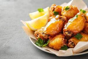 Delicious crispy chicken wings with lemon slices and herbs. photo