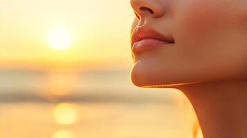 Sunset silhouette of a woman with serene expression. photo