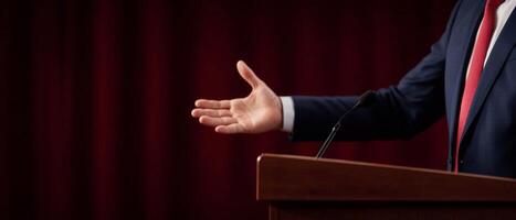 Outstretched hand at a podium with a red curtain backdrop. Communication skills persuasion. photo