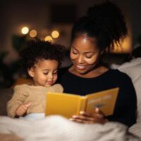 A mother reading with her child in a cozy, warm setting. photo