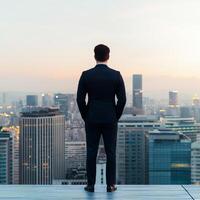 A businessman gazes at the city skyline at sunset. photo
