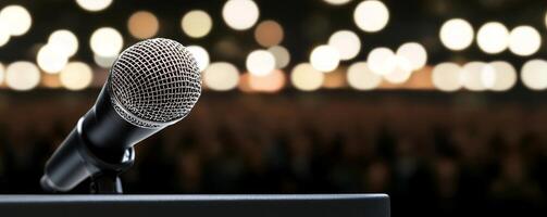 Microphone in focus with blurred lights in the background. photo