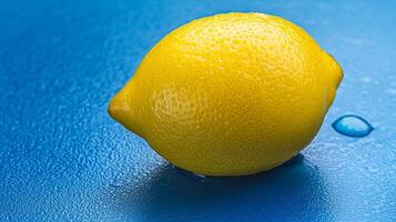 Fresh lemon with textured skin on a blue background. photo