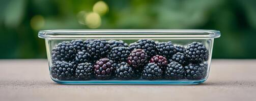 Fresh blackberries in a glass container on a blurred green background. photo