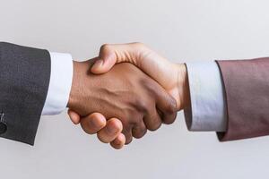 Handshake between diverse business professionals in formal attire. photo