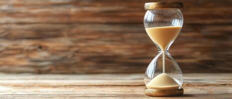 Hourglass on wooden background symbolizing time management. Time management goal setting focus. photo