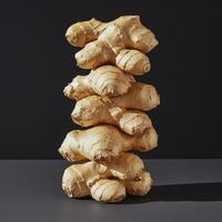 Stack of fresh ginger roots against a dark background. photo
