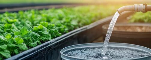 Irrigation water flowing into a container in a lush green garden. photo
