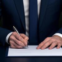 Man in suit signing a document with a pen on a table. photo