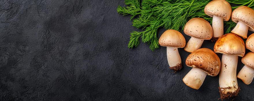 Mushrooms and herbs arranged on a textured black surface. photo