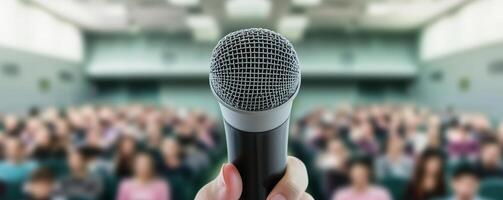 Microphone held in front of an audience in a large venue. photo
