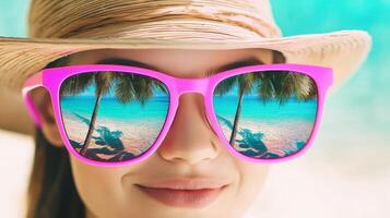 Smiling woman in pink sunglasses with beach reflection. photo