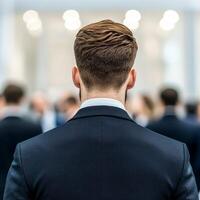 Businessman viewed from behind in a professional setting. photo