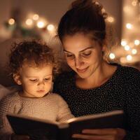 A mother and child reading together in a cozy, softly lit setting. photo