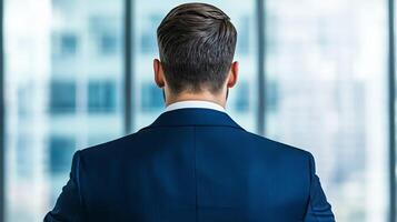 Businessman gazing out of an office window in a modern setting. photo