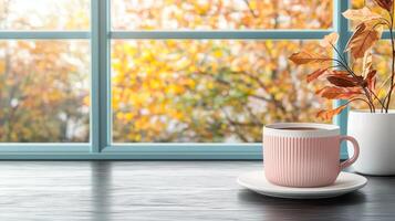 Cozy scene with a cup and autumn foliage outside the window. photo