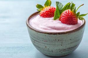 Creamy yogurt topped with fresh strawberries in a rustic bowl. photo
