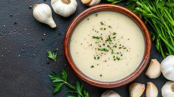 Creamy soup with garlic, herbs, and a rustic bowl on a textured surface. photo