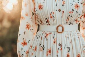 Floral dress with a cinched waist and soft background lighting. photo