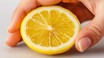Fresh lemon slice held by hand, showcasing juicy texture and vibrant color. photo