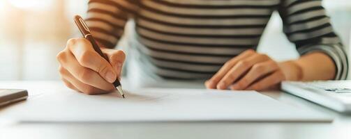 Person sketching with a pen on paper at a bright workspace. photo