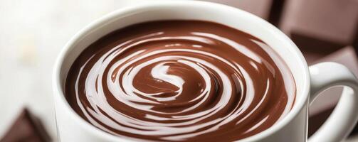 Rich chocolate swirl in a white mug, surrounded by chocolate pieces. photo