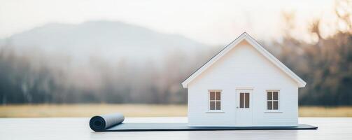 A minimalist house with a rolled carpet in a serene landscape. photo
