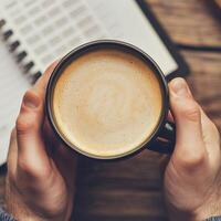 Coffee cup held by hands above a table with a notebook in the background. photo