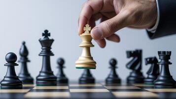 Hand moving a king piece in a chess game on a wooden board. photo