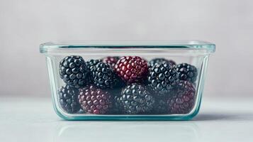 Fresh blackberries in a glass container on a light background. photo