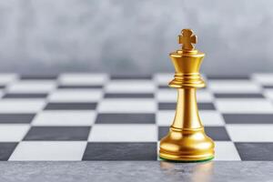 Golden chess king piece on a checkerboard background. photo